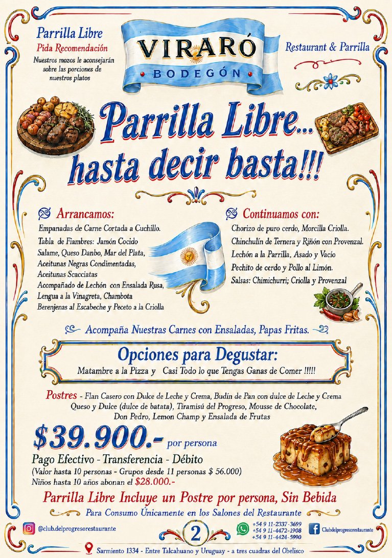 Afiche de la propuesta de parrilla libre y tenedor libre de Viraró Bodegón en Buenos Aires